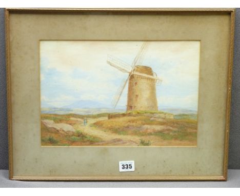 W R HOYLES watercolour - 'Windmill near Holyhead', label verso signed, 21.5 x 32cms