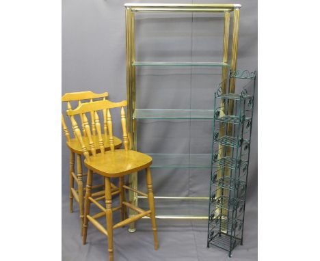 GILT METAL &amp; GLASS FIVE SHELF DISPLAY STAND, two modern pine bar chairs and a wirework display rack, various measurements