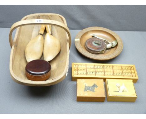 TREENWARE - including cribbage board, trinket boxes and vintage tapes ETC