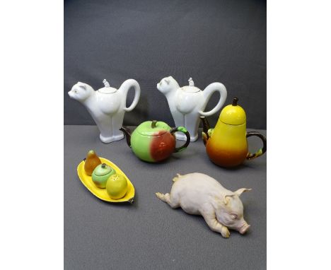 CARLTONWARE NOVELTY TEAPOTS, condiment set and a Coalport recumbent pig model