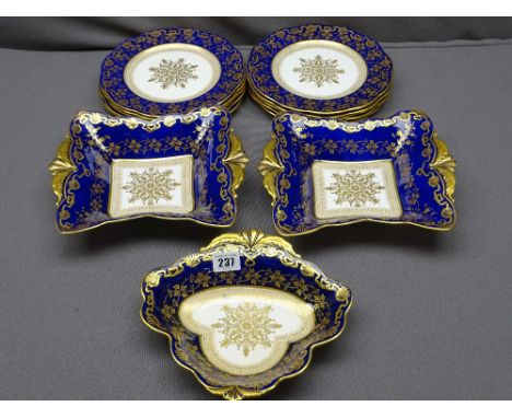 AYNSLEY PORTLAND DESERT SERVICE, 13 pieces in Cobalt Blue and gilt to include a pair of 25cms across twin-handled dishes, a 2