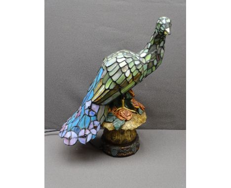 TIFFANY STYLE PEACOCK SHAPE LAMP, 49cms H E/T