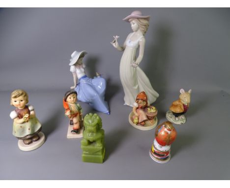 NAO, HUMMEL, DOULTON BEATRIX POTTER FIGURINES with a Royal Worcester Robin candle snuffer and a Jadeite Temple Lion seal stam