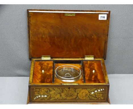 FINE QUALITY IVORY &amp; FLORAL INLAID TEA CADDY with twin interior lidded compartments and central glass mixing bowl, 11cms 