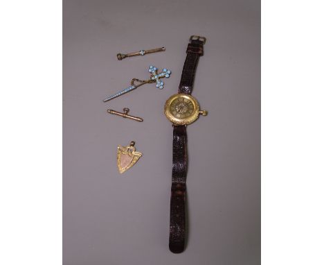 14K STAMPED WATCH, 9ct gold shield fob, Turquoise set gilt metal propelling pencil and sleeved stick pin ETC, the continental