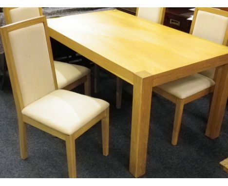 ULTRA MODERN LIGHT OAK DINING TABLE &amp; FOUR CHAIRS having brown leather effect seat pads, 74.5cms H, 150cms L, 91cms W