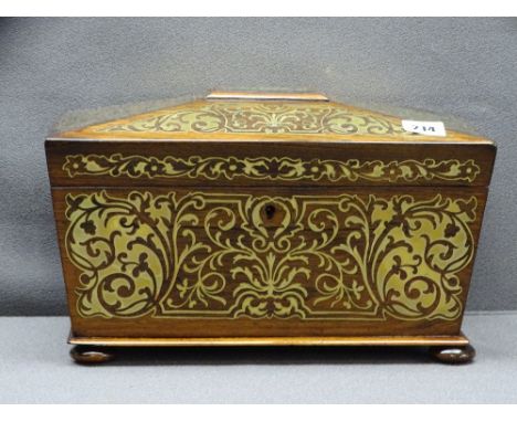 VICTORIAN ROSEWOOD &amp; BRASS INLAID TEA CADDY, sarcophagus form on turned flat bun feet with two interior hinged lid wooden