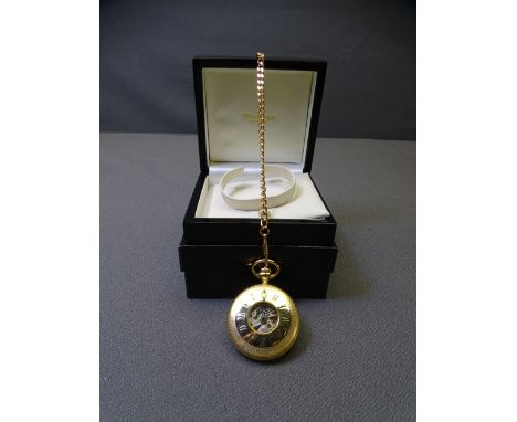 HARRINGTON &amp; HALLWORTH HALF HUNTER POCKET WATCH &amp; FOB CHAIN, reproduction unmarked yellow metal case with manual wind