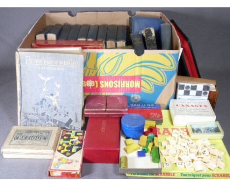 VINTAGE BOXED GAMES including Dominoes, Chad Valley Jigsaws, Scrabble along with vintage Dickens books and similar