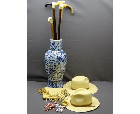 FLOOR STANDING ORIENTAL POTTERY BLUE &amp; WHITE VASE and walking stick contents, two straw hats, Indian beadwork ETC