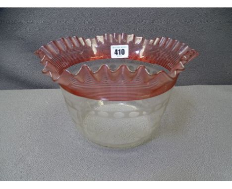 FRILLY EDGE WITH CRANBERRY TRAIL VINTAGE OIL LAMP SHADE, 12cms H, 21cms D with etched and wheel cut lower decoration (two chi