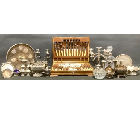 Plated Ware - an Arthur Price canteen for six, cased; a four branch, five light candelabrum; a pair of Art Deco candlesticks,