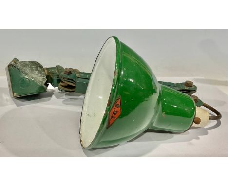 A mid 20th century EDL three-arm engineer's or machinist's lamp, the shade in green and white enamel and bearing logo, the sh