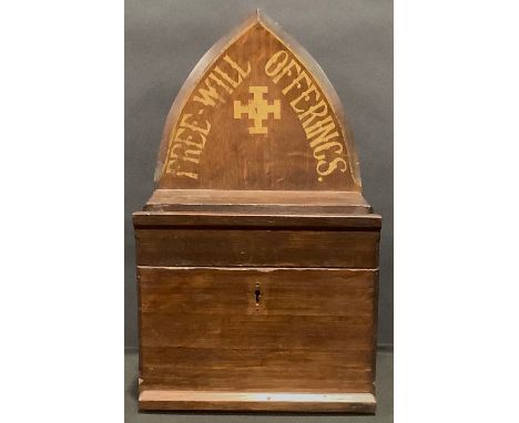 A Victorian oak ecclesiastical wall-mounted church collection box, lancet arch top, inscribed 'Free Will Offerings', drop dow