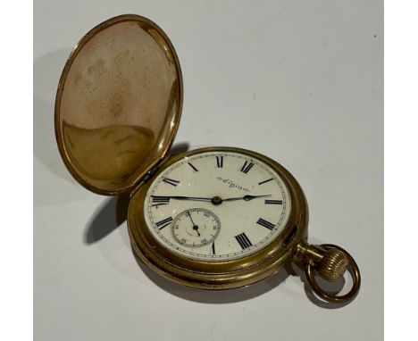 A gold plated Elgin hunter pocket watch, white enamel dial, Roman numerals, subsidiary seconds dial, 7cm over suspension loop