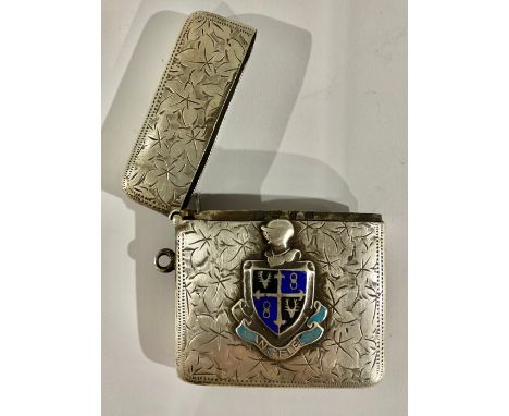 A large hallmarked silver vesta, with enamel Mansfield armorial 