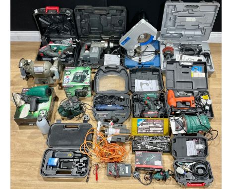 Tools - a Parkside cordless circular saw, cased; a Performance rotary hammer drill, cased; a Nu-Tool compound mitre saw; a Ta
