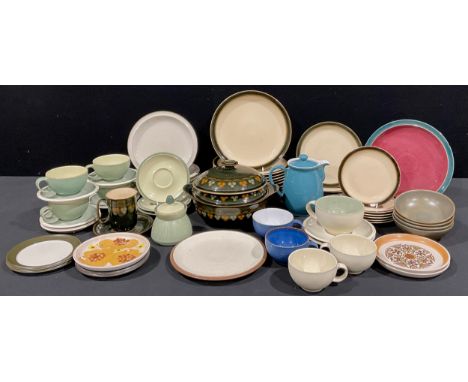 A Denby Oberon pattern part dinner and tea service, vegetable dish and cover, etc; assorted Denby cups and saucers, plates; q