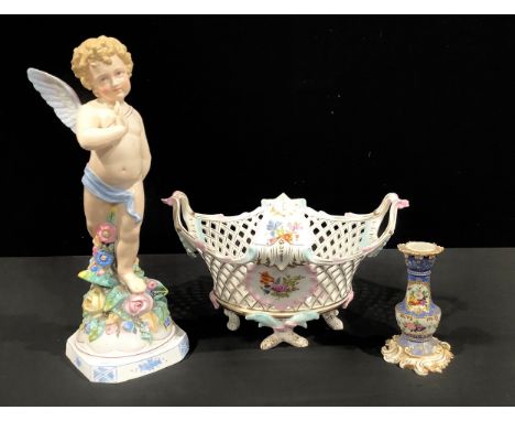 A German porcelain two handled basket, decorated with flowers, 32cm wide, AR mark in blue; a Continental porcelain figure, of