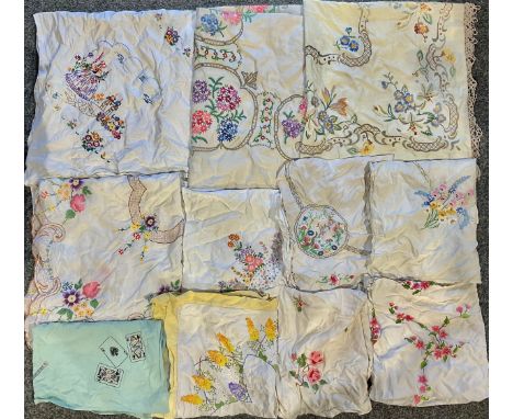 Textiles - Vintage hand embroidered linen tablecloths, including Crinoline Lady, English Country Flowers, etc 