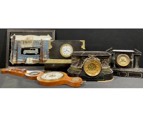 A 19th century French black marble mantel clock; others; a barometer; a Rolls Royce advertising mirror (5) 