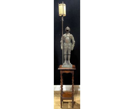 A 19th century style bronze effect figurative hall lamp, cast as a medieval knight in armour, shoe brush and hook to verso, 9