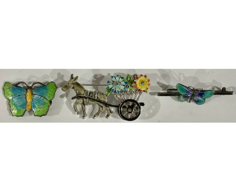 Two Sterling silver and enamel butterfly brooches; a donkey cart brooch 