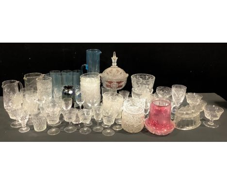 Glassware - Edwardian engraved drinking glasses; a Tutbury cut glass pedestal bowl; other cut glass, including wine glasses, 