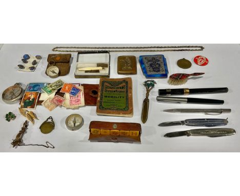 A silver propelling pencil, Birmingham 1922; fountain pens; compasses; an advertising penknife, W R Cook &amp; Co (Paints) Lt