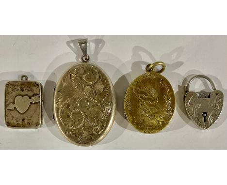 A large oval silver locket; a heart and arrow locket; a silver padlock, gilt locket 