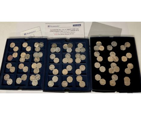 Numismatics – UK 2011 Olympics fifty pence issues: three Westminter Mint compartmented trays in folders containing some 85 BU