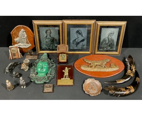 Boxes and Objects - a bronze plaque, modelled as a hunting dog, on oval wood mount, 40cm wide; an advertising cast iron desk 