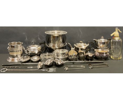Plated Ware - a plated campana shaped wine cooler, 25.5cm high; a syphon stand; a matched four piece tea service; other tea w