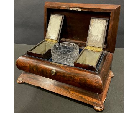 A 19th century rosewood sarcophagus tea caddy, hinged cover enclosing a pair of removable hinge-covered cannisters, central r