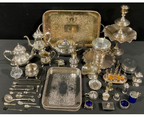 Plated Ware - a Gothic Revival toast rack, 16cm high; a Mappin &amp; Webb comport, 19cm high; a four piece tea service; a sha