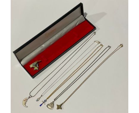 Jewellery - five ladies’ necklaces, silver coloured metal and gold coloured metal; enamel and marcasite bird brooch, etc 