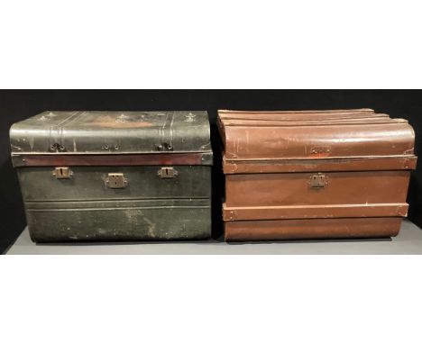 A large toleware tin trunk, decorated with faux green crocodile skin, 75cm wide, early 20th century; another brown painted ti