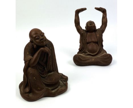 Two Yixing purple clay buddhist figures, both with seal marks to the undersides and also to the reverse, both in seated poses