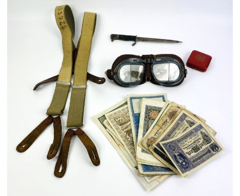 Of WWII interest: A pair of flying goggles, a set of army issue braces, a cased medal Royal Life Saving Society, a Tiedemann 