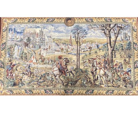 Flemish wall hanging tapestry of a medieval hunting scene, 207cm wide x 120cm high. Estimate £80-120