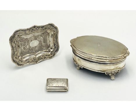 A George III silver vinaigrette with pierced gilt grill and interior; together with a Chinese white metal pin tray decorated 
