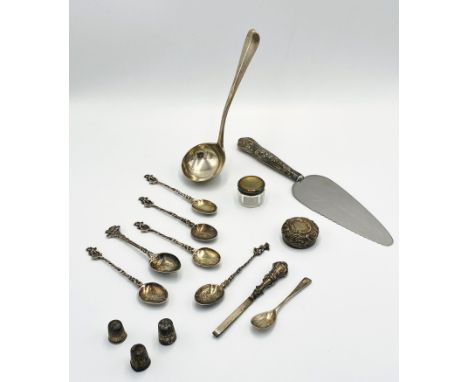A silver sauce ladle, 92g; five silver coffee spoons, 70g; together with other items of silver, 44g. Estimate: £110-130