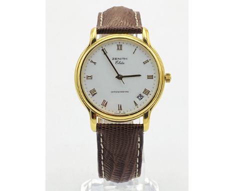 Zenith Elite Chronometre gents automatic wristwatch, with 18ct gold case and buckle, leather strap, no. 300240 670/31, moveme