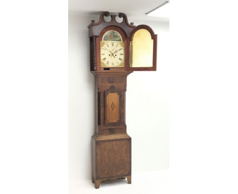 Early 19th century inlaid mahogany and oak longcase clock, Roman dial with subsidiary seconds dial and arched date aperture, 