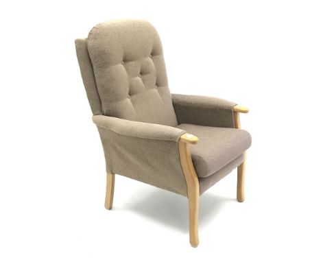 High seat light wood framed upholstered armchair, W75cm