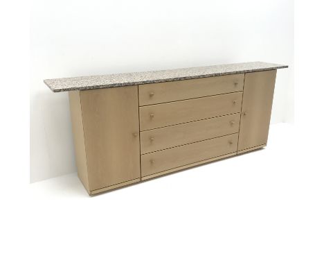 Light wood side cabinet, marble top, four graduating drawers flanked by two cupboards, plinth base, W211cm, H82cm, D37cm Cond