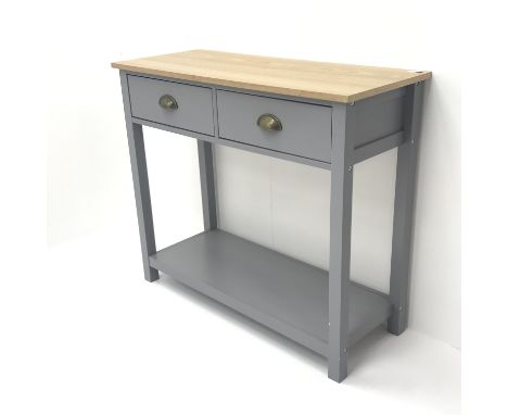 Contemporary oak finish side table, two drawers, square supports joined by single under shelf, W88cm, H76cm, D36cm Condition 