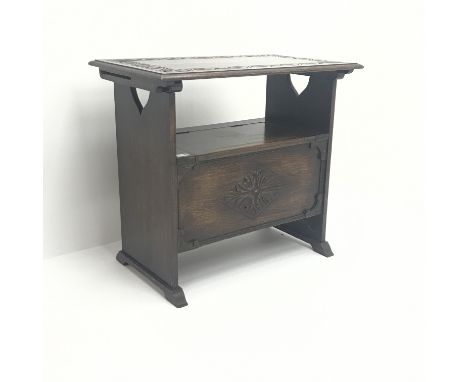 20th century carved oak Monks bench, hinged seat, shaped sledge supports, W77cm, H68cm, D46cm Condition Report Click here for
