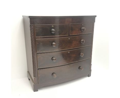 Victorian mahogany bow front chest, two short and three long drawers, shaped plinth base, W106cm, H107cm, D53cm Condition Rep