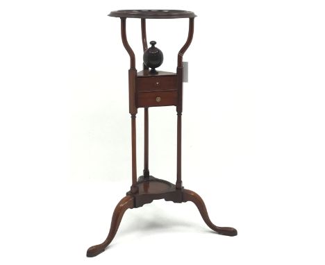 19th century mahogany wig stand circular top over two drawers on tripod base with three cabriole legs, H78cm